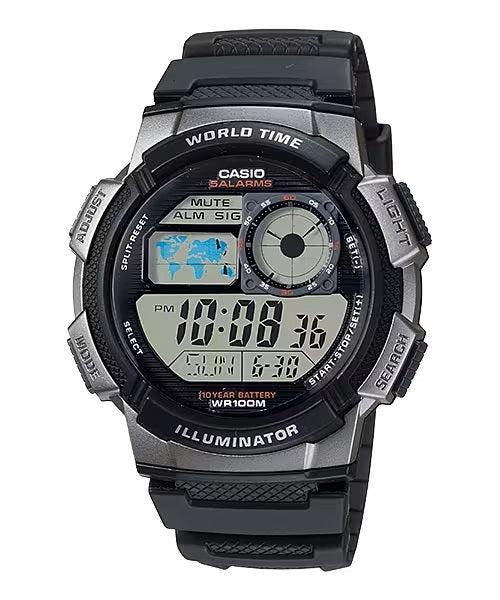 CASIO Mod. WORLD TIME ILLUMINATOR - 5 Alarms, 10 Year battery AE-1000W-1BVDF