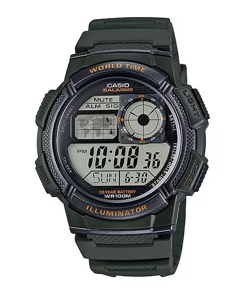 CASIO Mod. WORLCASIO ILLUMINATOR WORLDTIME - 5 Alarms, 10 Year battery AE-1000W-3AVDF