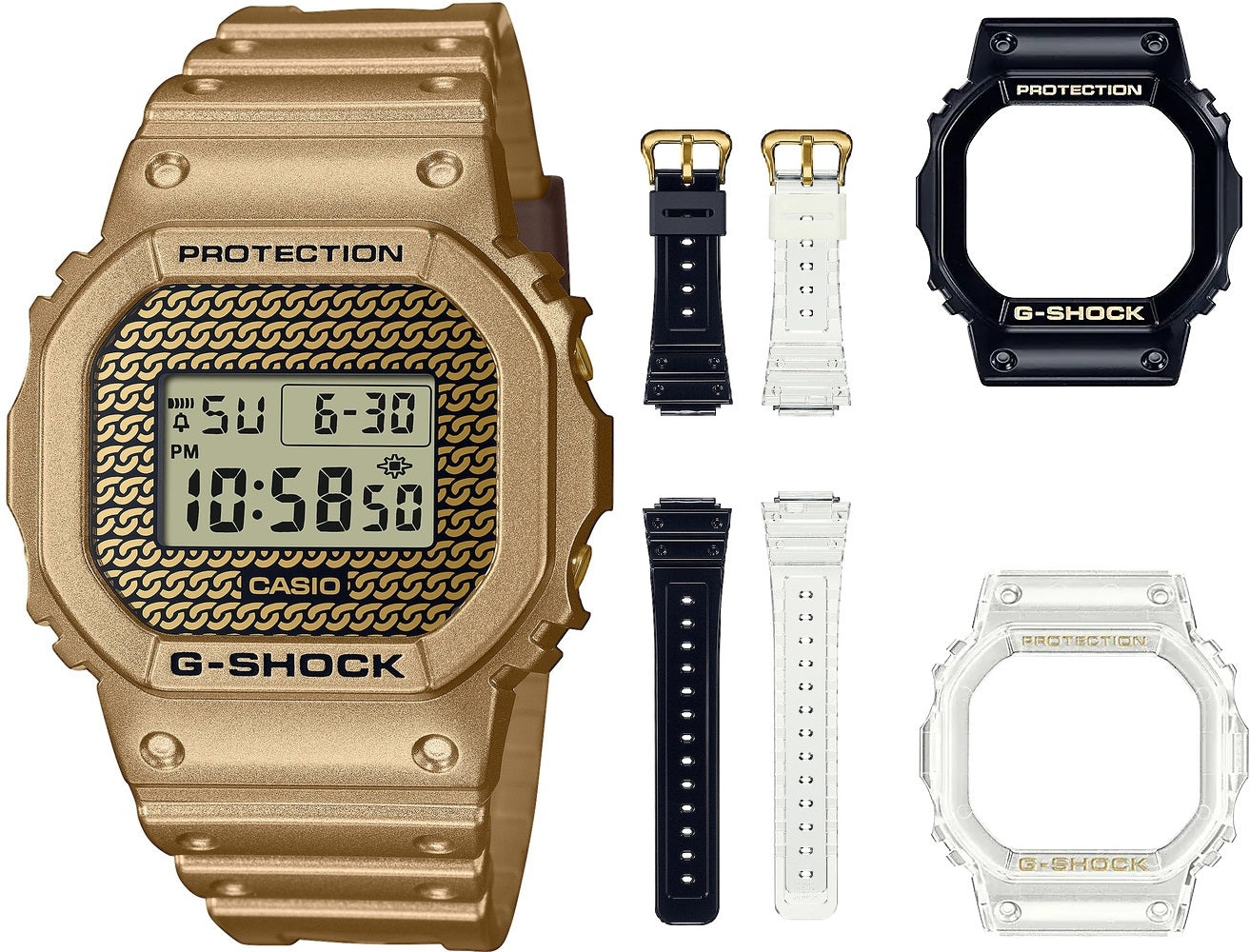 CASIO G-SHOCK Mod. THE ORIGIN - GOLD CHAIN Limited Edt. Special Pack + 2 Extra straps + 2 Extra Bezels DWE-5600HG-1ER